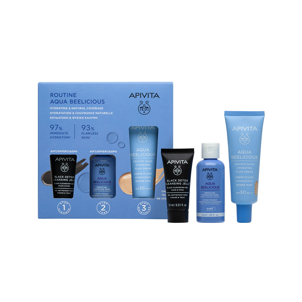 APIVITA - PROMO PACK AQUA BEELICIOUS Λεπτόρευστη Κρέμα Ενυδάτωσης SPF30 (με χρώμα) - 40ml ΜΕ ΔΩΡΟ Λοσιόν - 50ml & Black Detox Gel - 15ml